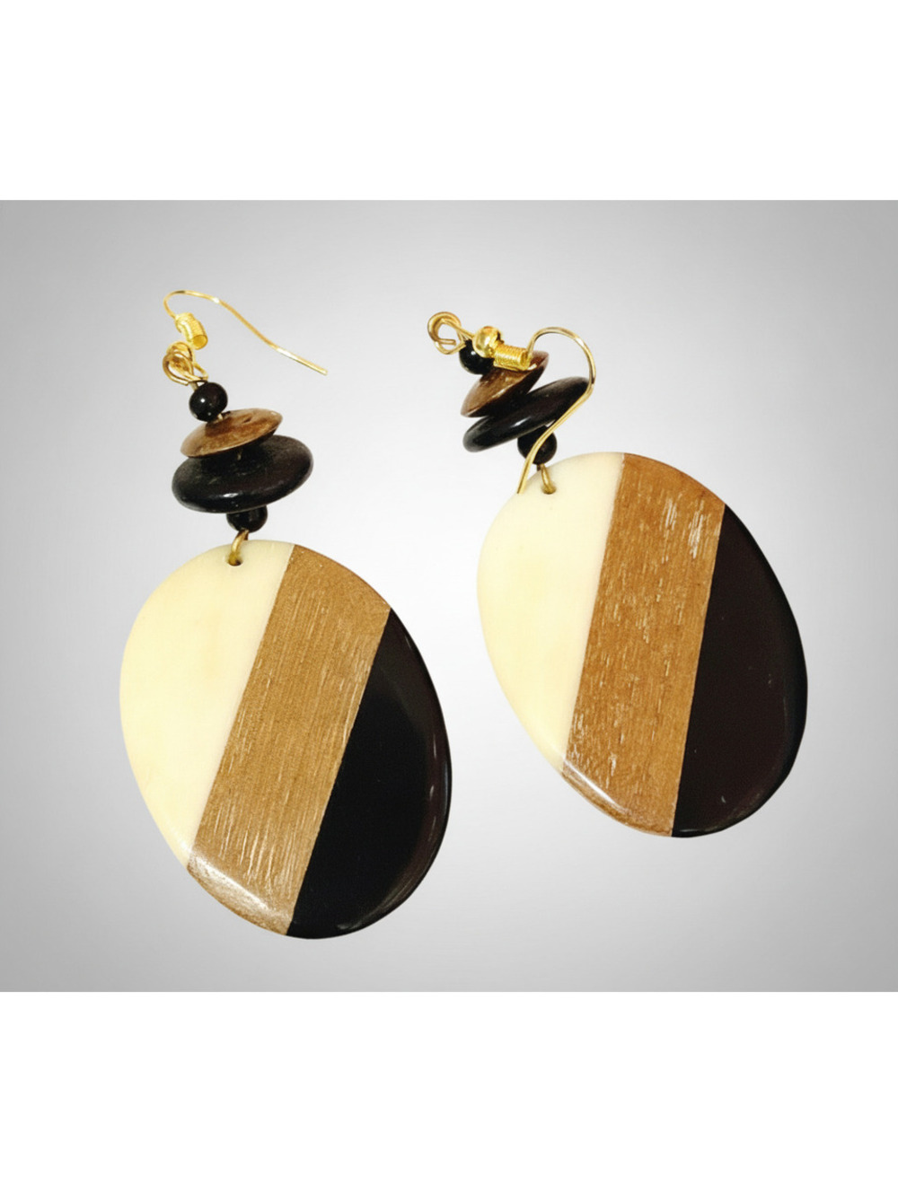 Vintage Dangle Pierced Earrings 3" Long Wood Look Lucite Black Cream Brown kp-38